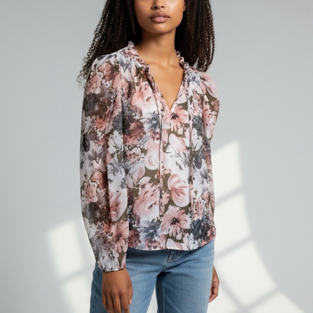 Joie Ruffle Neck Front Tie Blouse Medium Pink Floral Gold Thread NWOT